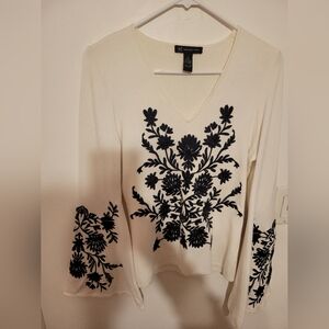 Women's Embroidered V-Neck Top - Black and White. EUC